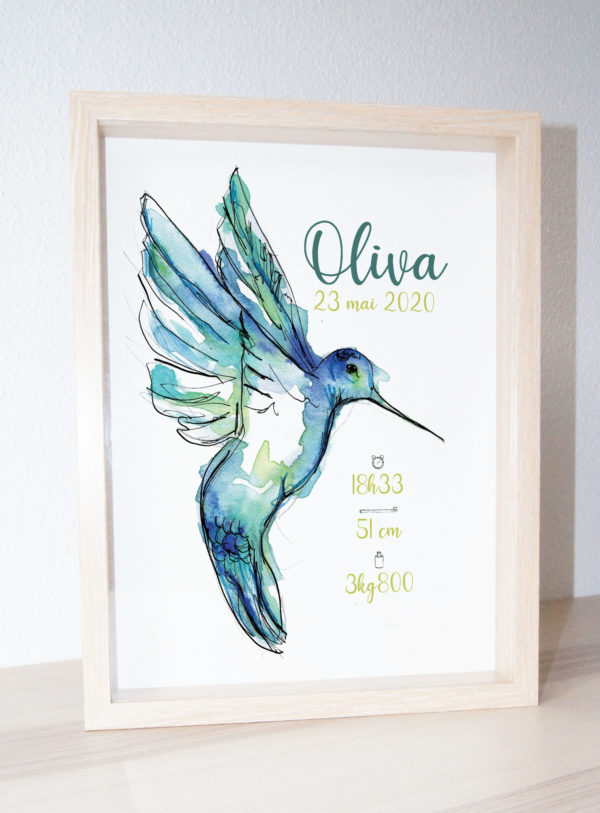 affiche naissance colibri cadre