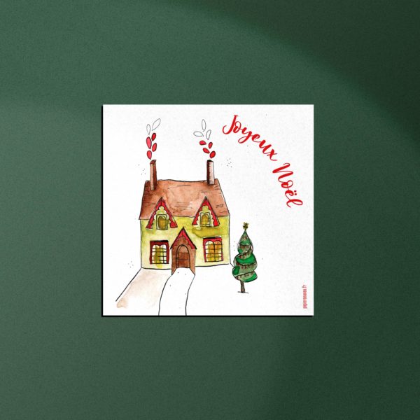 Carte Joyeux Noël Sapin et maison recto verso